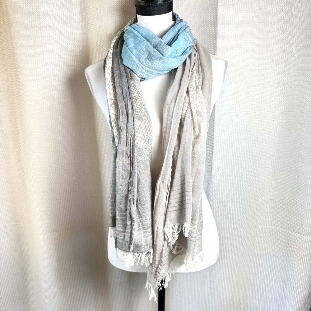 Ahujasons Ombre Wool Modal Scarf Art To Wear Chic Fringe Blue Gray 39x80" EUC